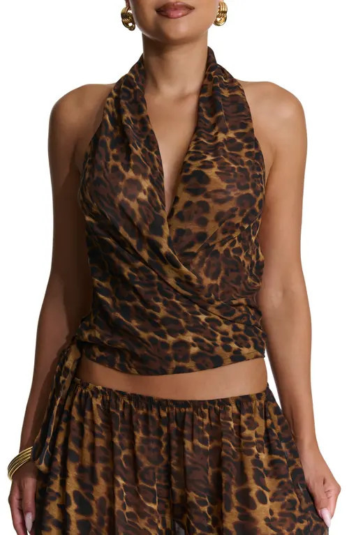 Naked Wardrobe Chiffon Halter Top in Leopard at Nordstrom, Size X-Small | Nordstrom