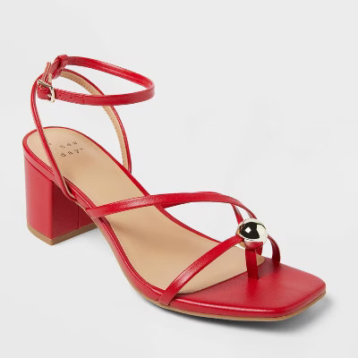 Women's Phoebe Strappy Ball Ornament Heels - A New Day™ Red 8.5: Adjustable Buckle, Block Heel, Open Square Toe | Target