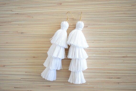 White Tassel Earrings Layered Tassel Earrings Tiered Tassel Earrings Four Layered Tassel Gold Statem | Etsy (US)