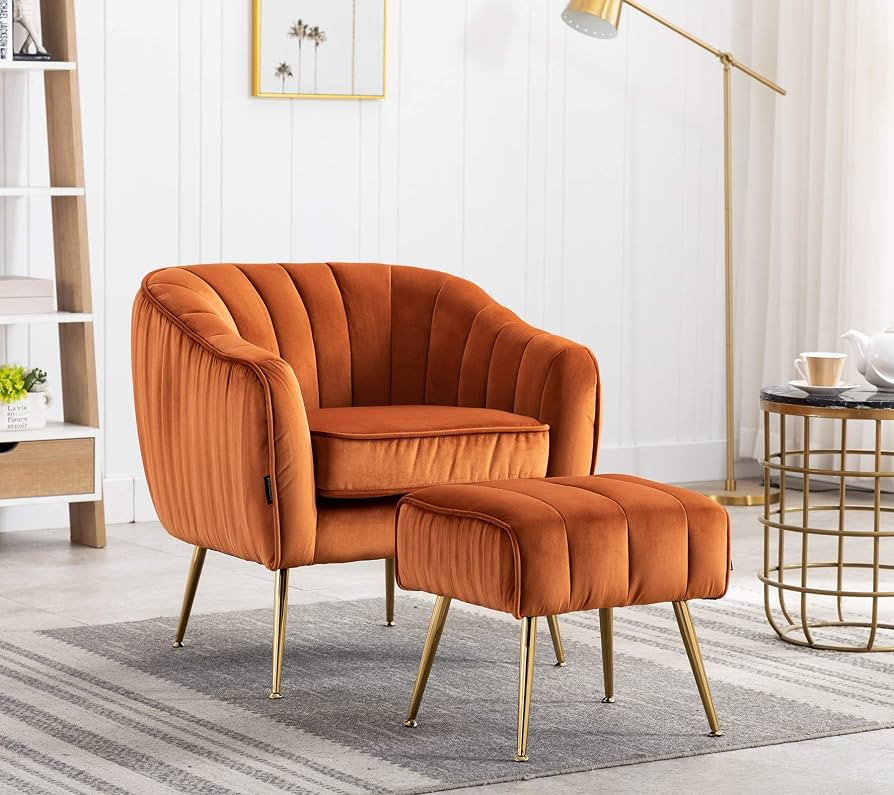 Amazon.com: Artechworks Velvet Modern Tub Barrel Arm Chair Upholstered Tufted with Gold Metal Legs Accent Club Chair with Ottoman Footrest for Living Reading Room Bedroom, Caramel Color : Everything Else | Amazon (US)