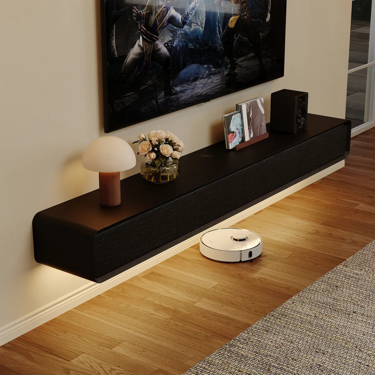 Floating TV Stand, Entertainment Center With LED Light, Solid Wood, Fully-Assembled | Wayfair North America