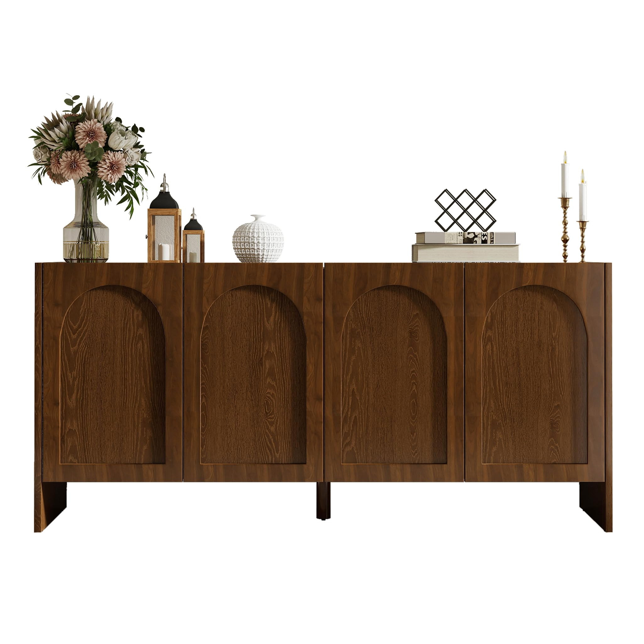 63" Sideboard Buffet Cabinet with Storage, 4 Door Solid Wood Veneer Sideboard Modern Arched Accen... | Amazon (US)