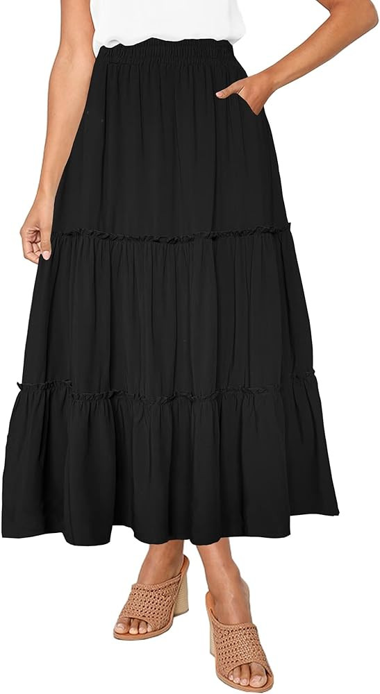 Afibi Womens High Waist A Line Ruffle Swing Long Maxi Skirt with Pockets | Amazon (US)