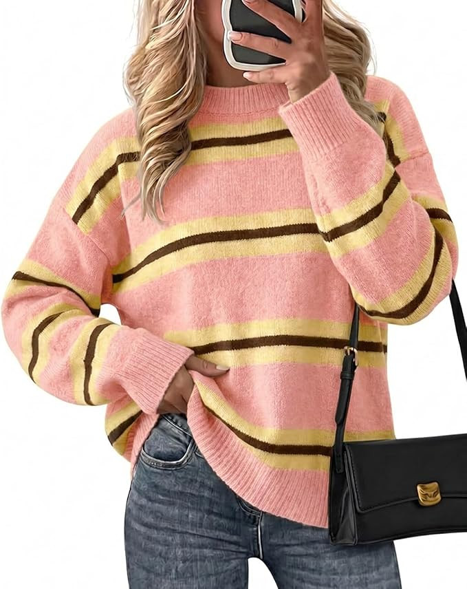 Cicy Bell Womens Striped Pullover Sweater Color Block Casual Loose Knit Top | Amazon (US)