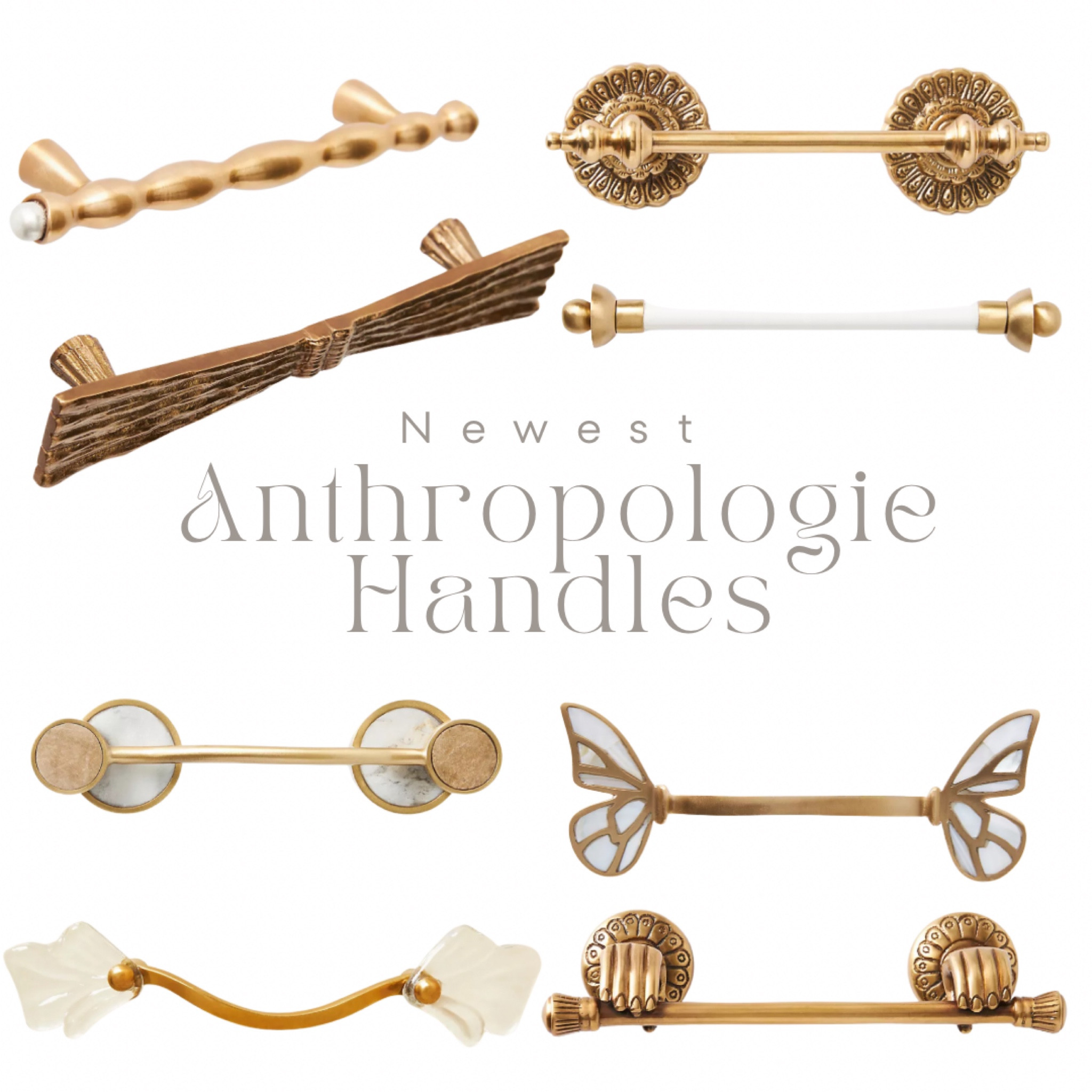 
I recently found the latest collection of Anthropologie handles, and they're truly captivating. The assortment includes a variety of elegant designs, such as intricate gold patterns, sleek marble accents, and unique shapes like butterflies and bows. Each handle has its own distinct style, ranging from vintage-inspired to modern chic. These handles are perfect for adding a touch of sophistication and personality to any piece of furniture or cabinetry.

#LTKHome