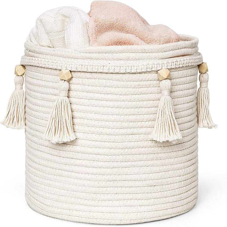 Mkono Macrame Decorative Cotton Rope Basket Boho Cute Woven Tassel Closet Storage Bins Organizer ... | Amazon (US)
