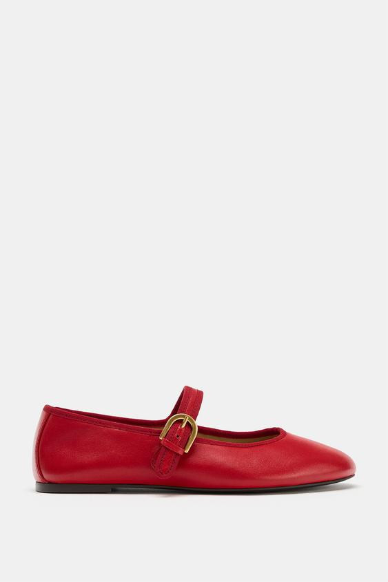 Zara - Flat Leather Ballet Flats - Red - 9 - Woman | Zara US
