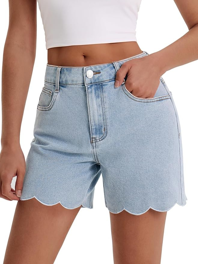 Aoysky Womens High Waisted Denim Shorts Summer Straight Leg Wave Hem Short Jeans Casual Trendy Jo... | Amazon (US)