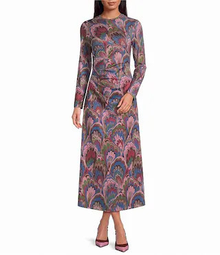 Knit Jersey Swirling Multicolored Crew Neck Long Sleeve Side Ruched Midi Dress | Dillard's