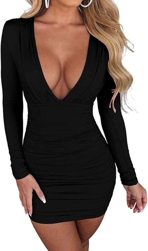 LAGSHIAN Women's Sexy Bodycon Long Sleeve V Neck Ruched Mini Club Dress | Amazon (US)