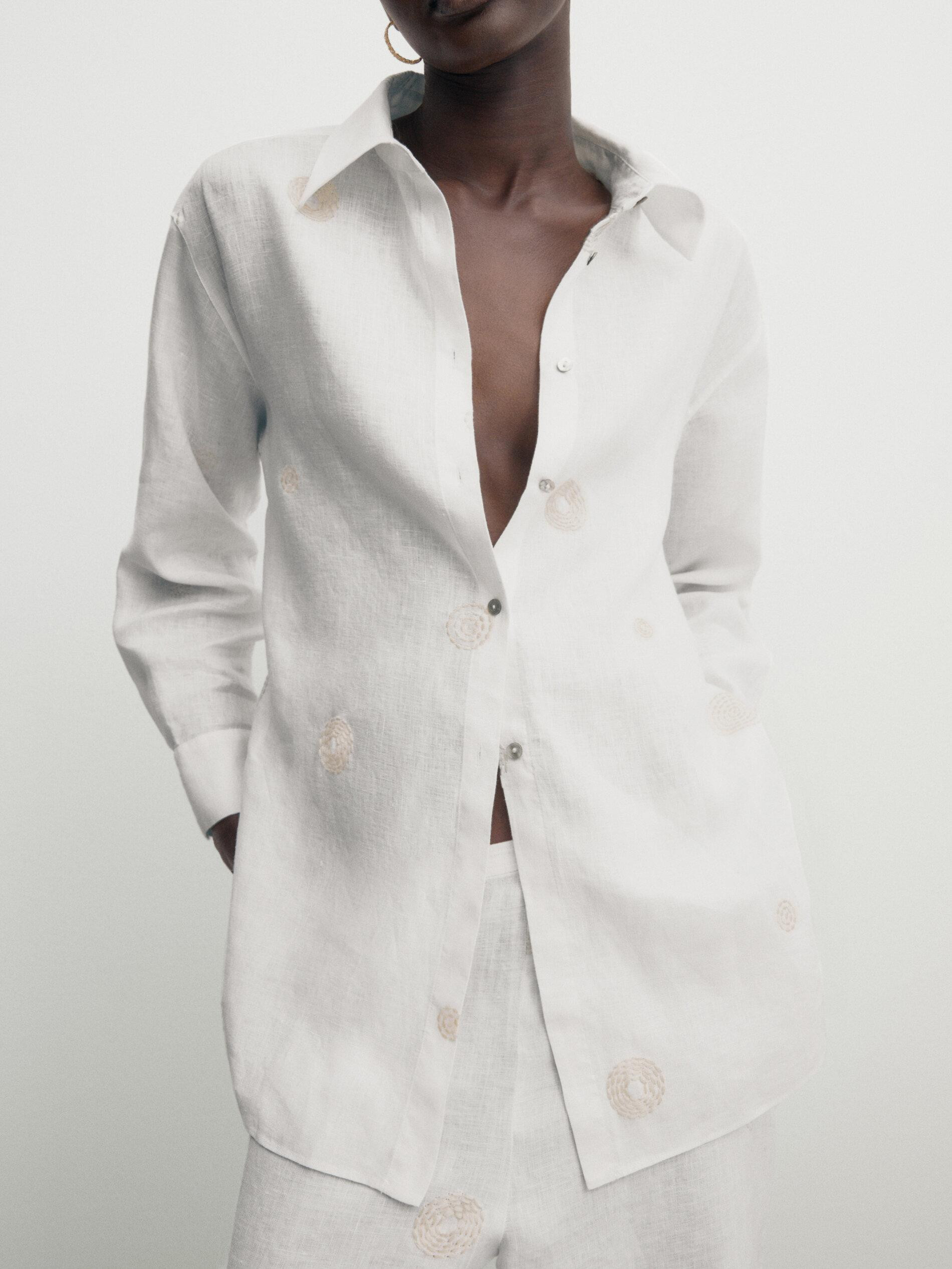 Linen shirt with embroidery detail | Massimo Dutti US