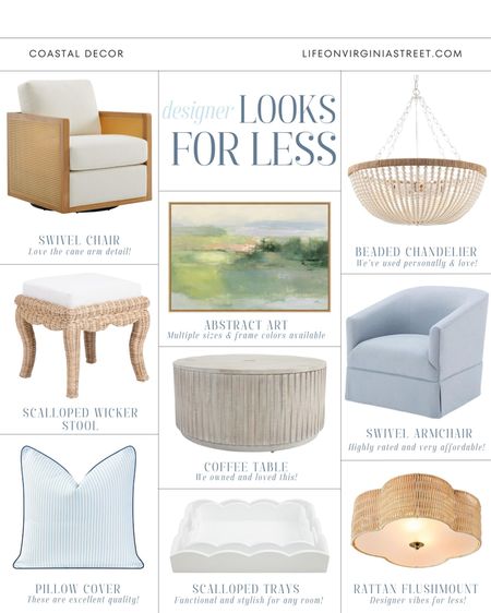 The cutest new coastal decor designer looks for less! Includes a cane swivel chair, bead chandelier, abstract art, scalloped wicker stool, blue upholstered swivel chair, fluted storage coffee table, lacquered scalloped trays, a scalloped rattan flush mount light and a striped outdoor pillow! See even more finds here: https://lifeonvirginiastreet.com/home-decor-looks-for-less-2/
.
#ltkhome #ltksalealert #ltkseasonal #ltkfindsunder100 #ltkfindsunder50 #ltkstyletip #ltkover40 coastal decorating dress, budget decor, neutral decor, grandmillennial decor, coastal grand 

#LTKSeasonal #LTKhome #LTKfindsunder100