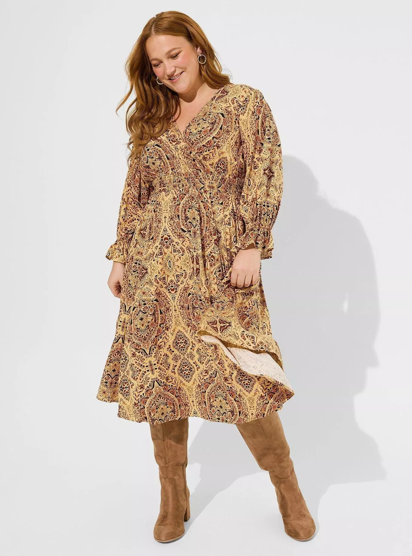 Midi Challis Smocked Waist Surplice Dress | Torrid (US & Canada)