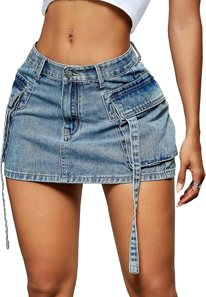 Women Cargo Skirt Denim Mini Low Waist Y2K Jean Skirts with Pockets | Amazon (US)