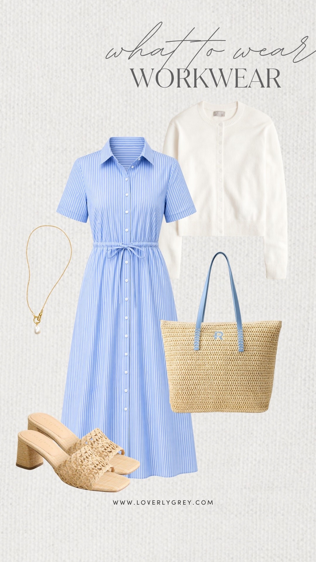Loverly Grey, what to wear for spring workwear! This blue striped dress is such a clean and classic option for the office! Pair it with a lightweight cardigan, a simple pearl necklace, a woven tote, and neutral heels to complete the look! Loverly Grey, what to wear, spring workwear

#LTKWorkwear #LTKdayinmylife #LTKSeasonal