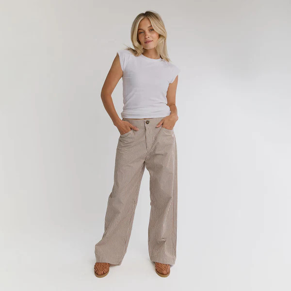 Striped Button Trouser, Brown and White Stripe | Albion Fit