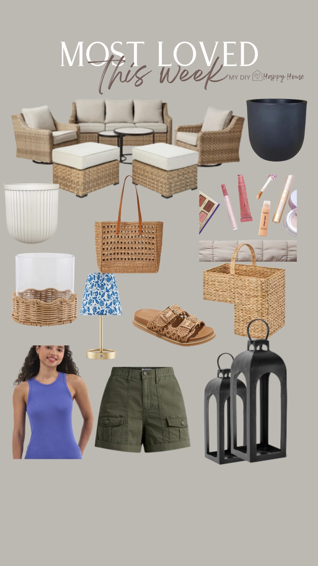 This weeks most loved + best sellers.



•outdoor furniture set
•outdoor ottomans 
•outdoor lanterns 
•black planters
•white fluted planters 
•hurricane with woven scallop base
•battery touch light with blue floral shade
•Tarte Makeup create your own kit 
•woven tote 
•sandals 
•Racerback tank 
•cargo shorts 
•stair basket 

#LTKSaleAlert #LTKHome #LTKSeasonal