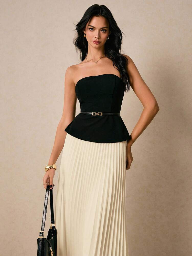 Poéselle Women's Fitted Black Bandeau Top And Pleated Beige Skirt Elegant 2-Piece Set | SHEIN