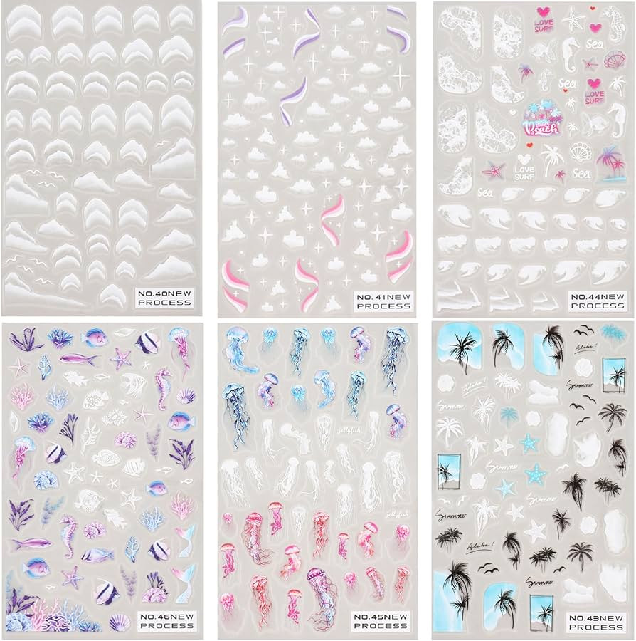 Summer Nail Art Stickers Ocean Nail Art Decals 3D Self-Adhesive DIY Nail Sticker Palm Tree Sea Be... | Amazon (US)