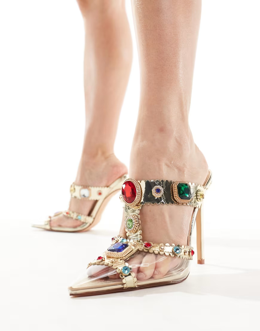 Azalea Wang Zya jewel embellished heeled mules in gold | ASOS (Global)