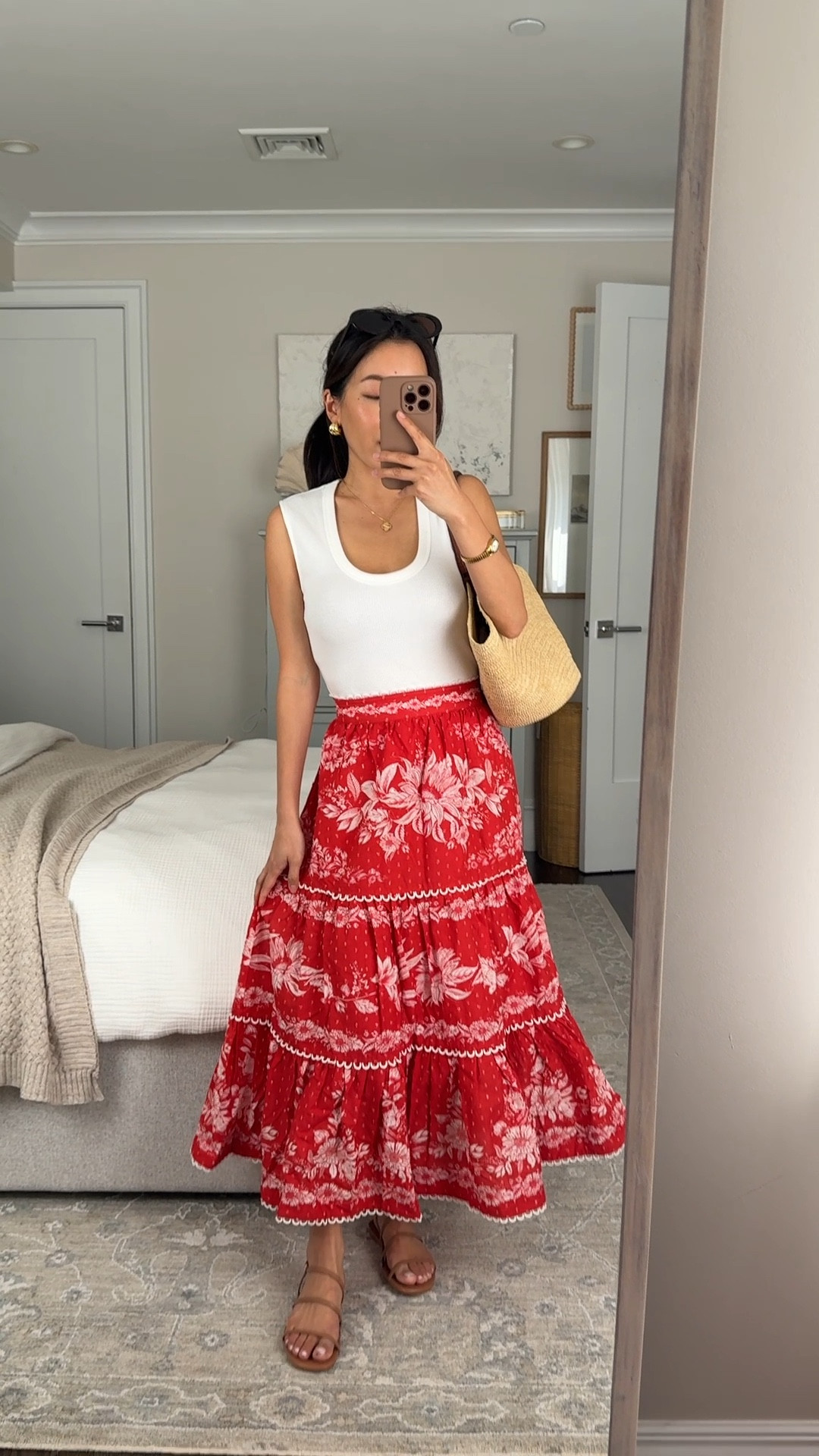 • trying on Farm Rio maxi skirt xxs , runs a little small, fits 24” waist with slightly stretchy back 

• Anthropologie white ribbed tank xxs 

• Marc Fisher strappy sandals TTS I got 5.5 size up if between sizes 

• Sézane bag

Vacation outfit, red cotton skirt 

#LTKPetite