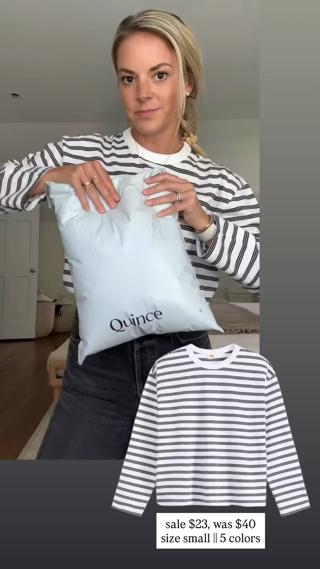 Striped tee on sale for $23! 
-Wearing a small/tts 
-medium sweaters 
-26R jeans, tts, I’m 5’5

#LTKSaleAlert