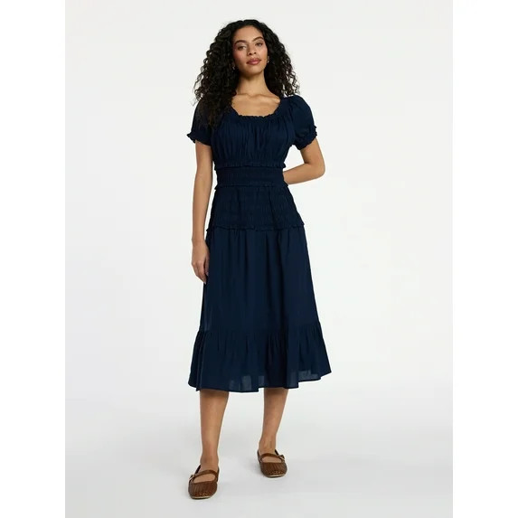 Time and Tru Women's Smocked Cotton Peasant Dress with Short Sleeves, Sizes XS-XXXL | Walmart (US)