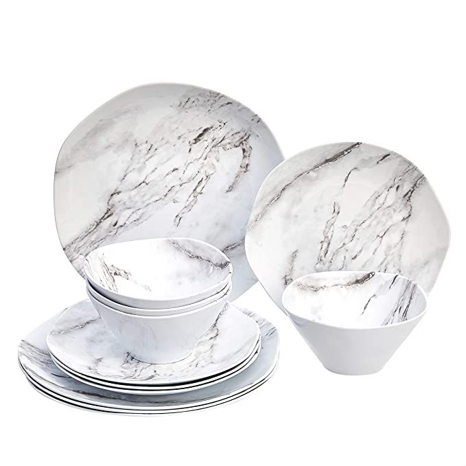 Amazon Basics Melamine Dinnerware Set, Service for 4, White Marble - Set of 12 | Amazon (US)