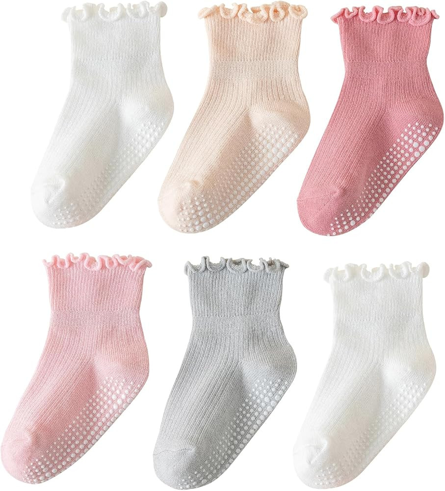 6 Pairs Toddler Ruffle Socks for Girls Baby Grip Socks Non Slip Socks Cute Grippy Frilly | Amazon (US)