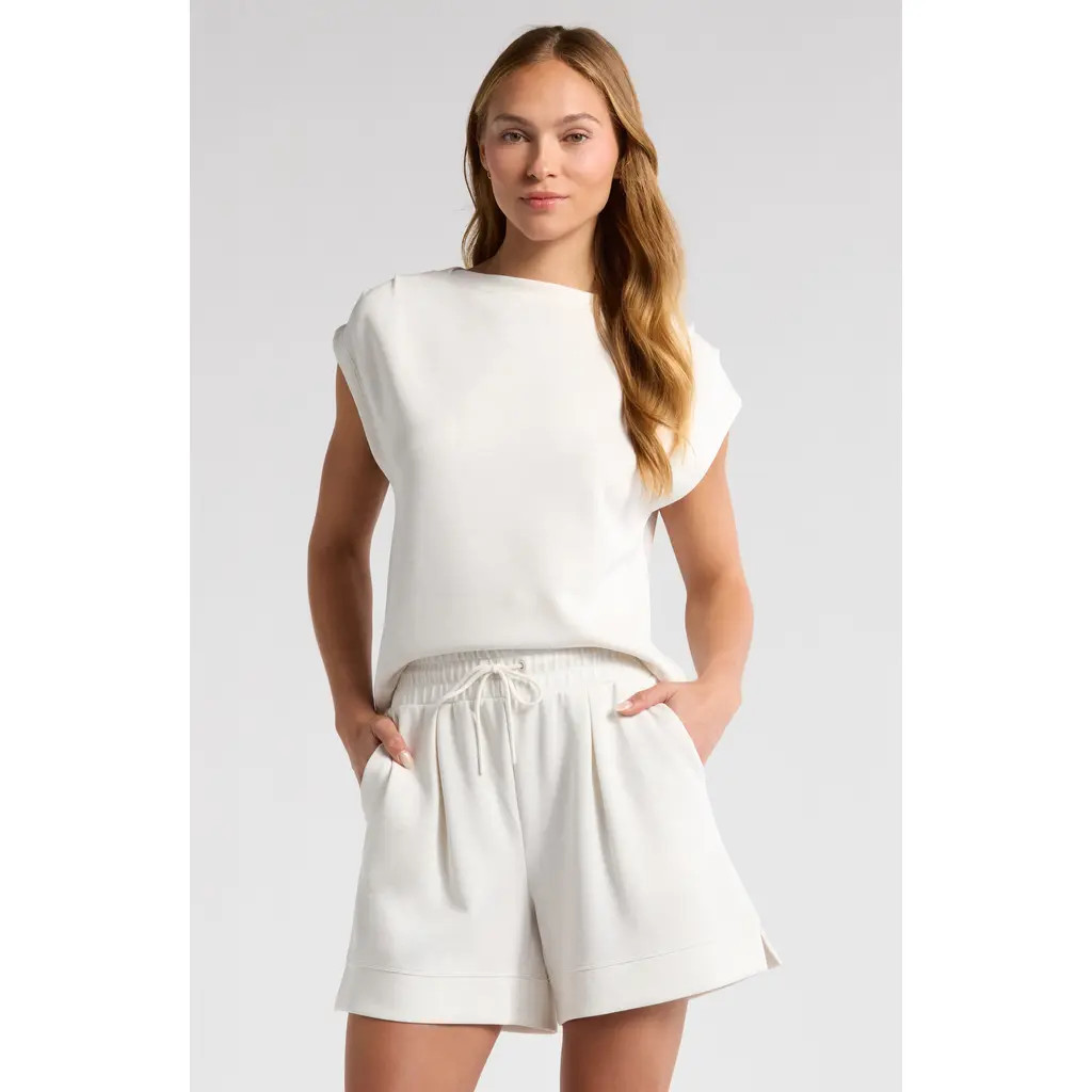 Zella Ultra Soft Scuba Gathered Shoulder Top in Beige Ivory Heather at Nordstrom, Size X-Large | Nordstrom