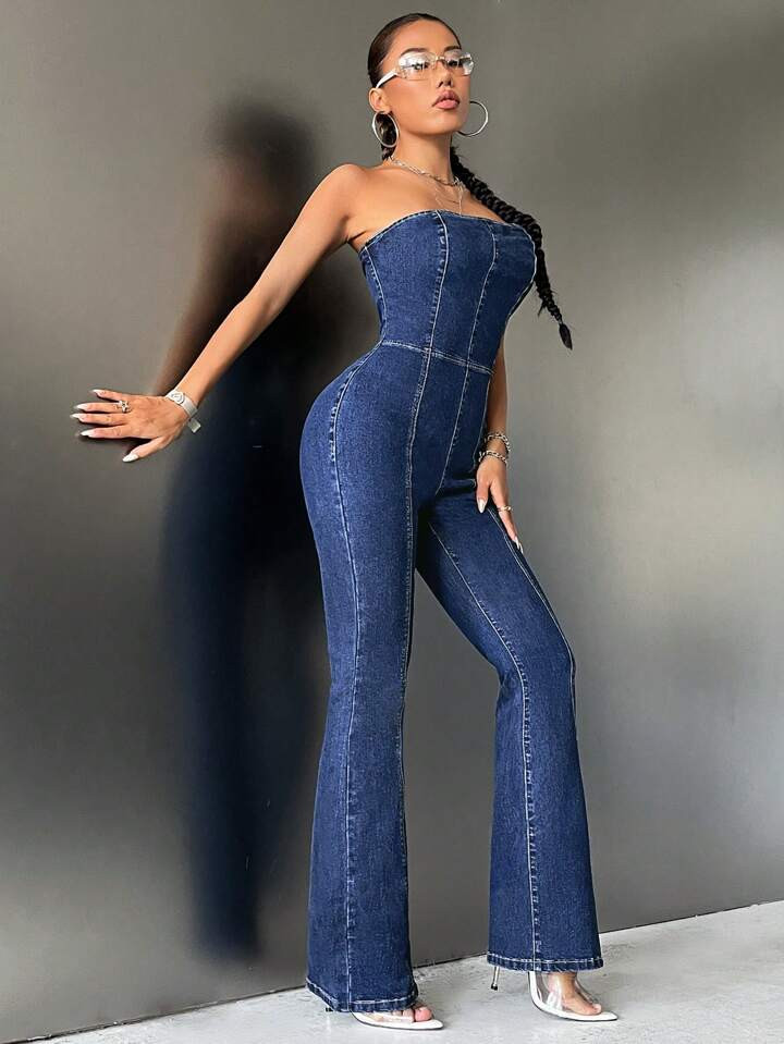 SHEIN ICON Flare Leg Tube Denim Jumpsuit | SHEIN