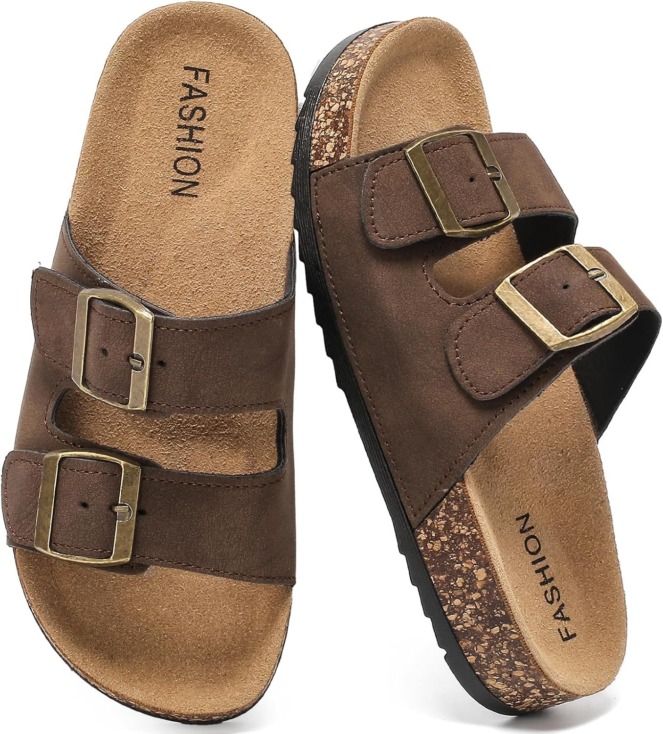 Women's Cork Footbed Sandals, Arch Support Adjustable Double Buckle Slides | Amazon (US)