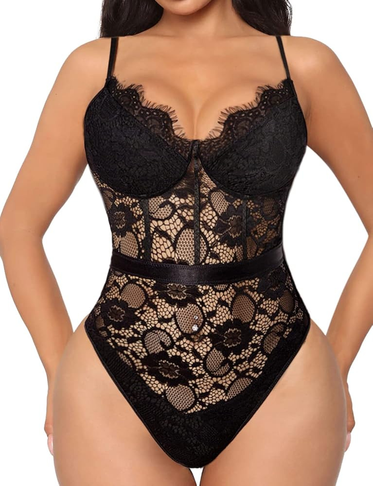 Women's Sexy Eyelash Lace Bodysuit Corset Top Naughty Snap Crotch Teddy Lingerie | Amazon (US)