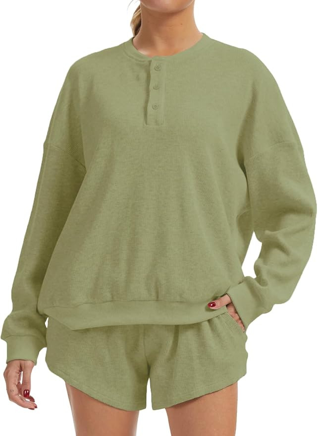 AnotherChill Women's Oversized Waffle Knit Lounge Set Long Sleeve Sweatshirt and High Waisted Sho... | Amazon (US)