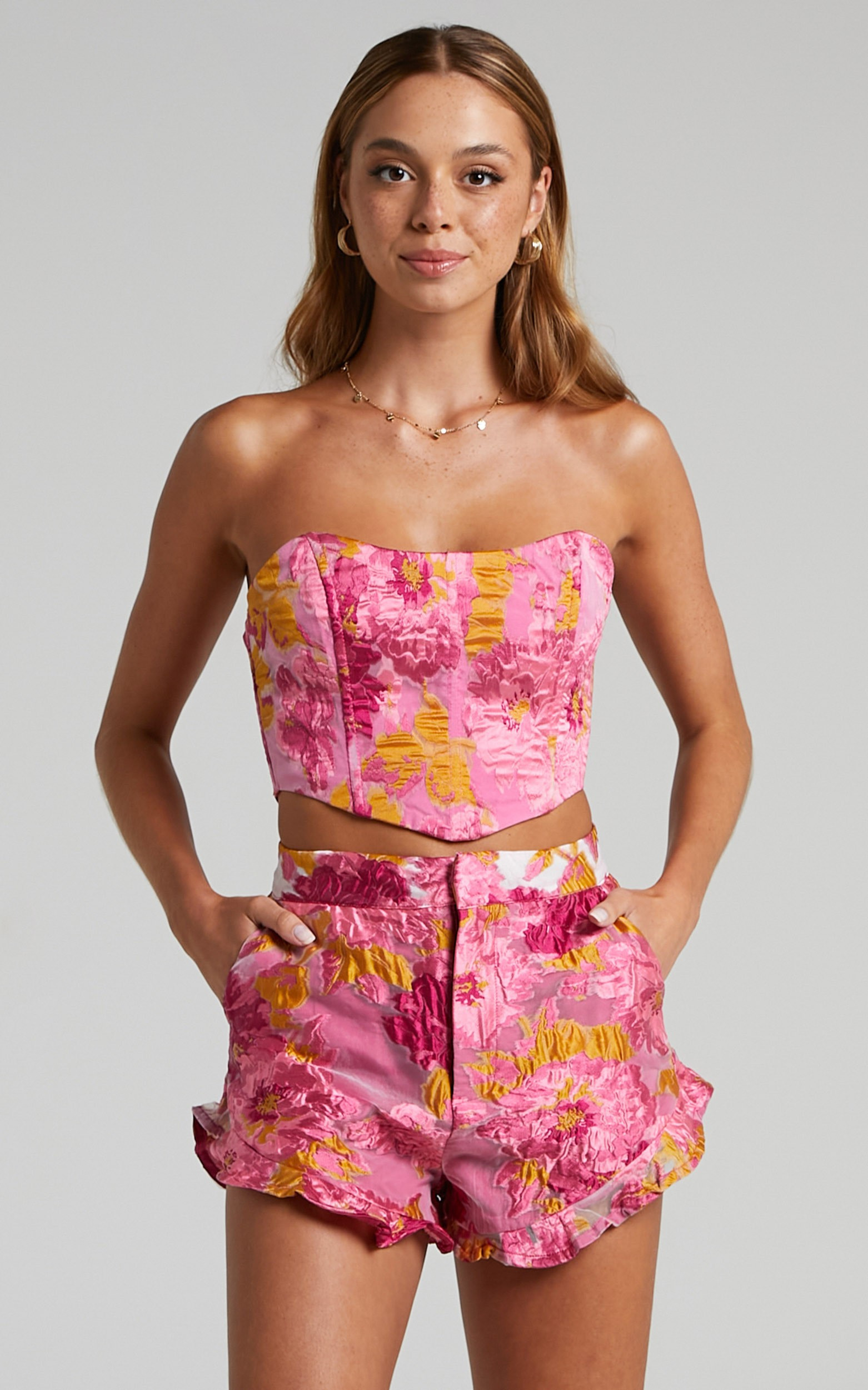 Brailey Frill Hem Shorts in Brailey Pink Jacquard | Showpo | Showpo - deactived