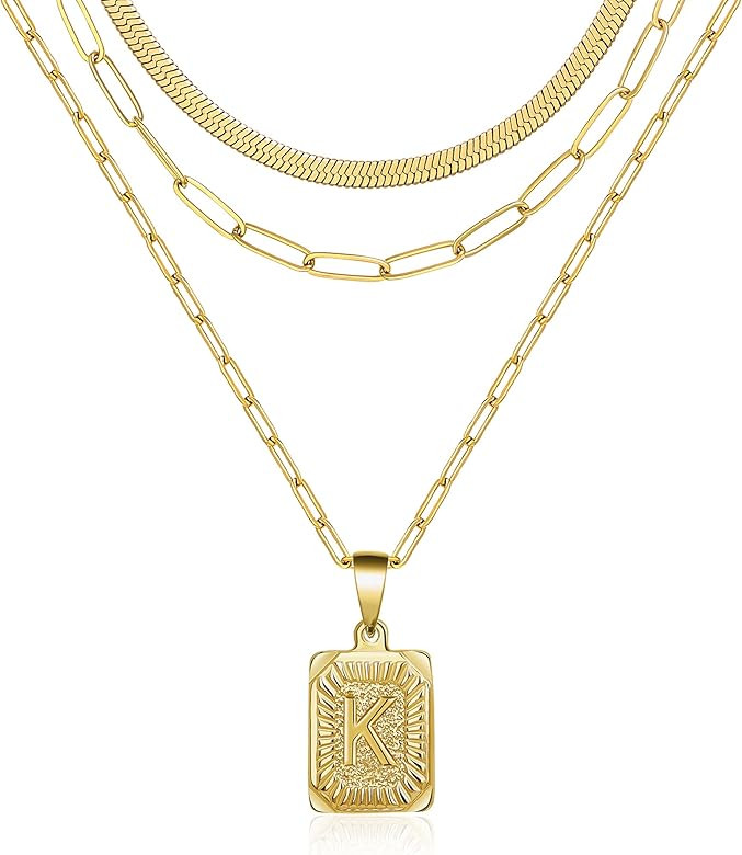 JoycuFF Dainty Layered Initial Necklaces for Women, 18K Gold Plated Paperclip Chain Necklace Simp... | Amazon (US)