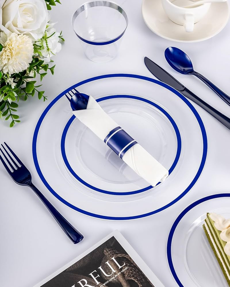 175Pcs Blue Plastic Plates for Party, Disposable Clear Dinnerware Set for 25 Guests, 50 Plastic P... | Amazon (US)
