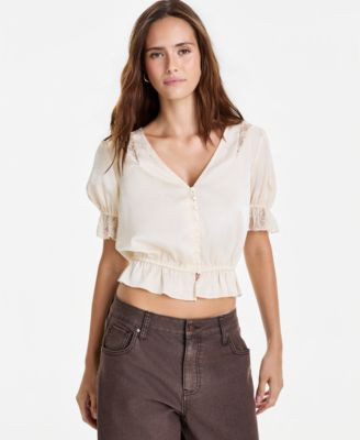 And Now This Women's Satin Puff-Sleeve V-Neck Top, Macy's Exclusive - Rose | Macy's