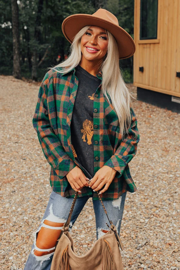 All The Hits Flannel Button Up In Green | Impressions Online Boutique