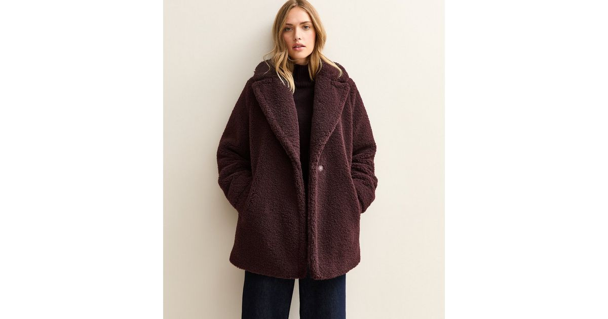Dark Burgundy Collared Long Sleeve Borg Coat | New Look | New Look (UK)