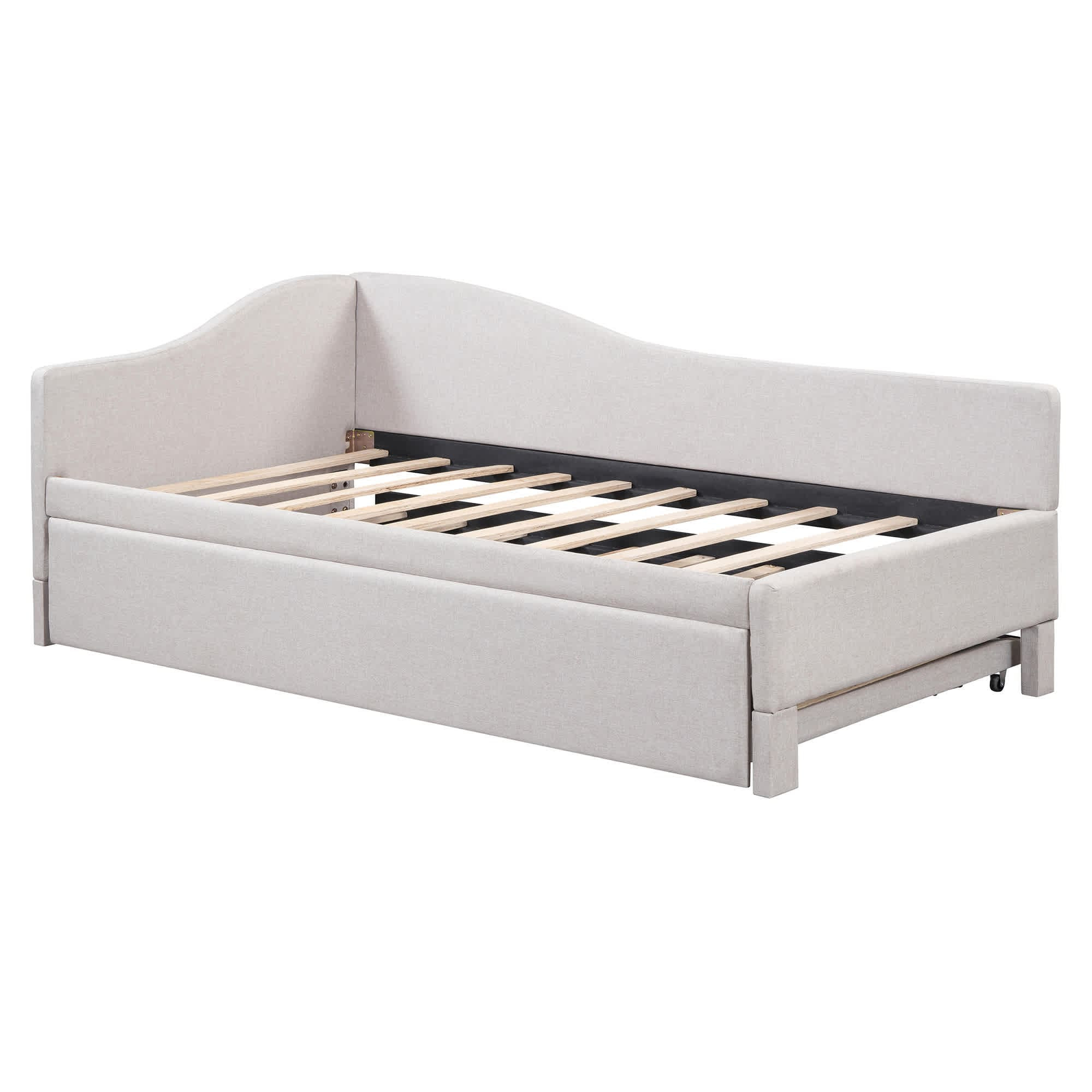 Vynxaria Beige Upholstered Frame Twin Platform Bed with L-Shaped Backrest Pop Up Trundle Twin to King Design No Box Spring one_size in White | Lowe's