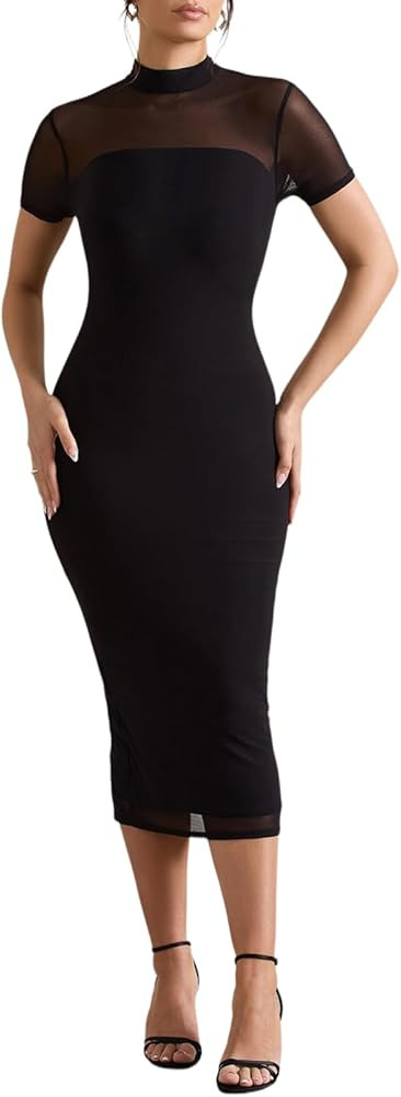 YouSexy Women's Short Sleeve Bodycon Dress Elegant Mesh Mock Neck Slit Party Midi Dresses | Amazon (US)