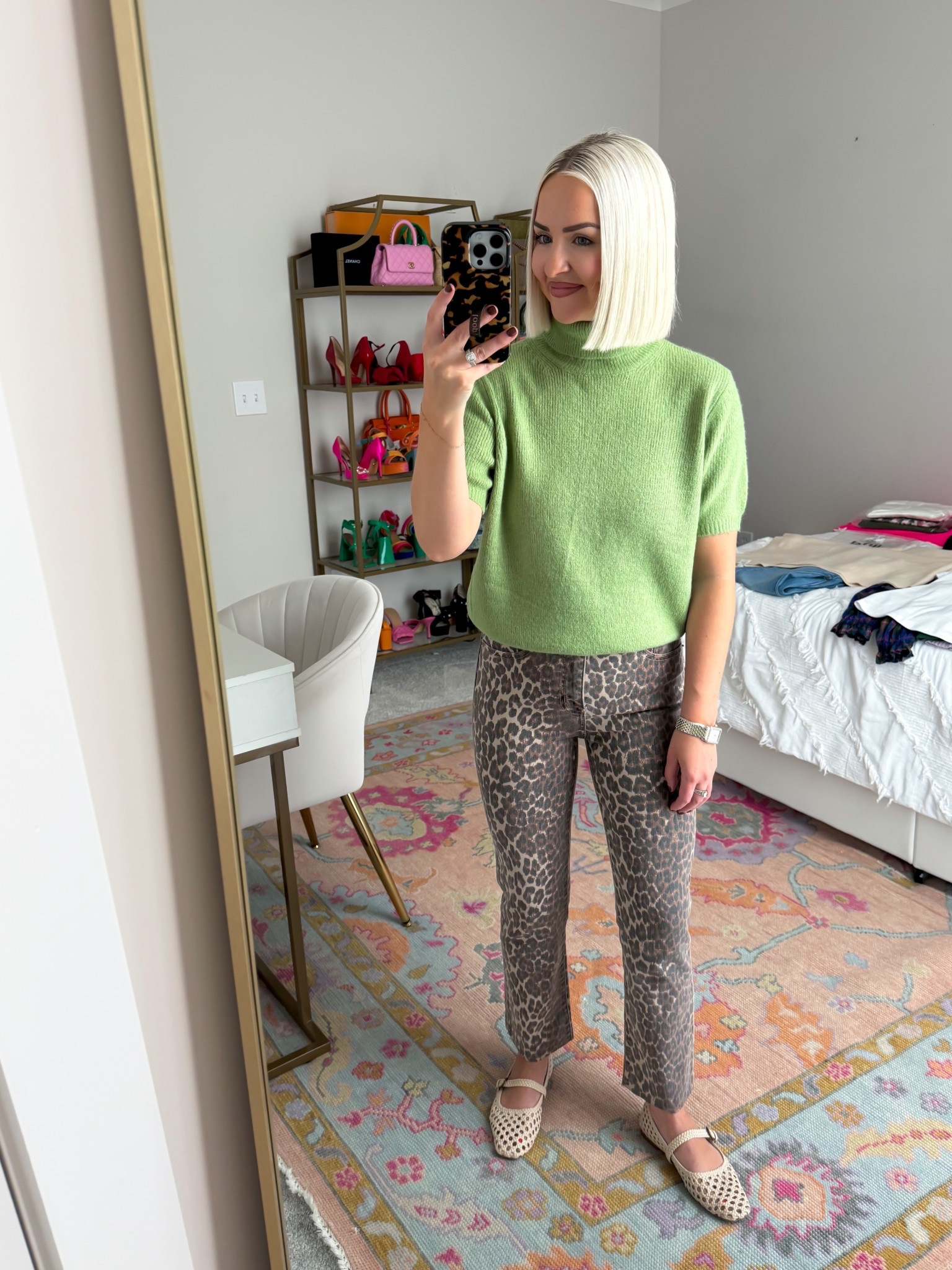 Olive short sleeve turtleneck sweater (XS) / leopard print kick flare jeans (size 24) / woven ballet flats (6.5) 

#LTKSaleAlert #LTKStyleTip #LTKPetite