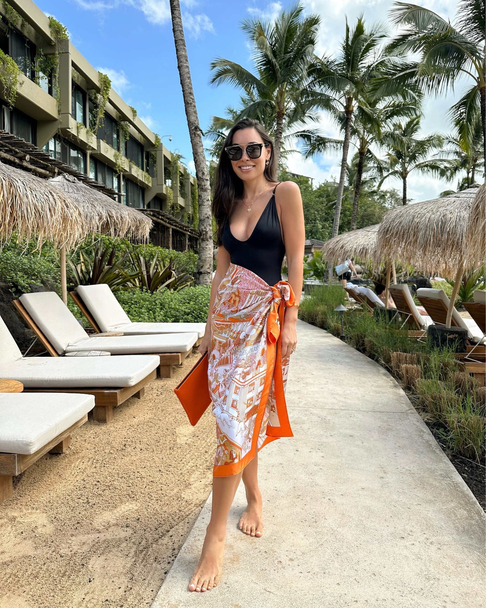 Gooseberry one piece swimsuit and Hermes silk scarf with an Hermes clutch. Swimwear, swim, vacation outfit, what to wear in Hawaii, poolside, summer. 

#LTKtravel #LTKSeasonal #LTKswim