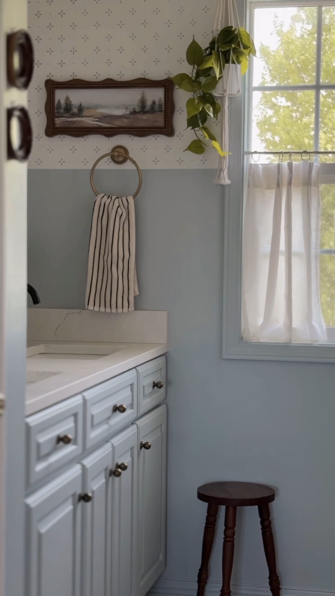 And she’s done! 

I spent a lot of time decorating a room I’ll never even use.

But this bathroom needed an update and we all know I can’t just leave well enough alone. 

I had to get creative since I didn’t want to put any trim or wallpaper in here with the steam and water.

A lot of paint and Motrin went into the making of this bathroom makeover 

Bathroom makeover on a budget 