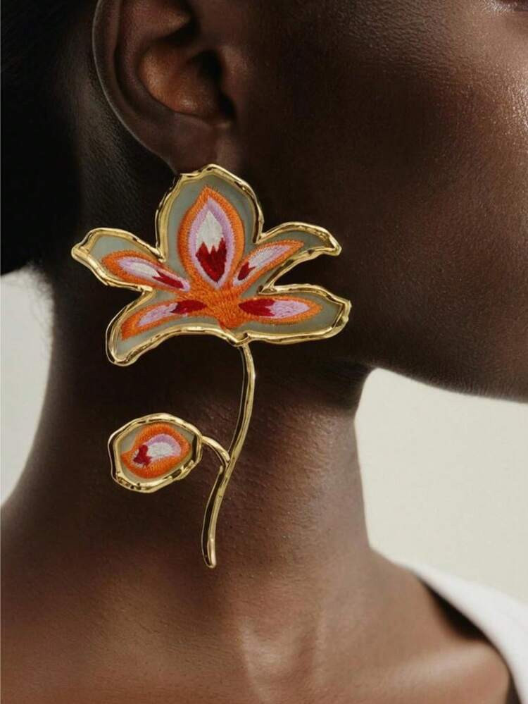 1 Pair Oversized Orange Ombre Flower Drop Earrings, Fashionable Autumn/Winter Women's Unique Jewe... | SHEIN