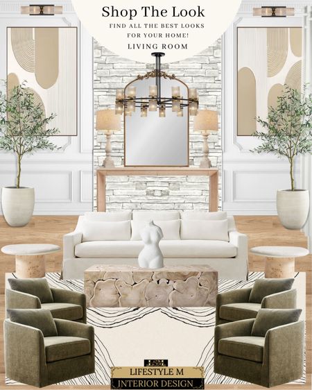 Modern Transitional Living Room Design . Wood coffee table, green accent chairs, stripped rug, white female decor bust, wood round end table, white sofa, wood console table, table lamp, arched brass mirror, round modern chandelier, beige wall art, wall sconce, white tree planter pot, faux olive tree.

#LTKstyletip #LTKSale #LTKhome