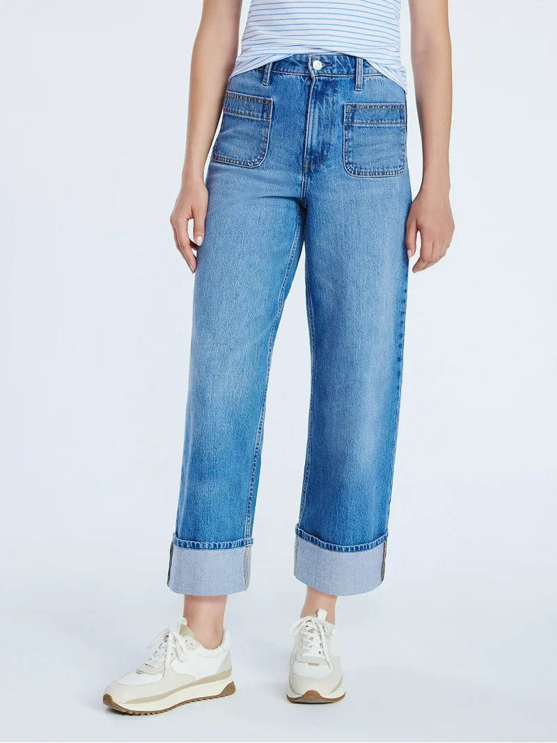 Free Assembly Women’s High Rise Cuffed Jean Pants with Patch Pockets, 30" Inseam, Sizes 0-28W | Walmart (US)