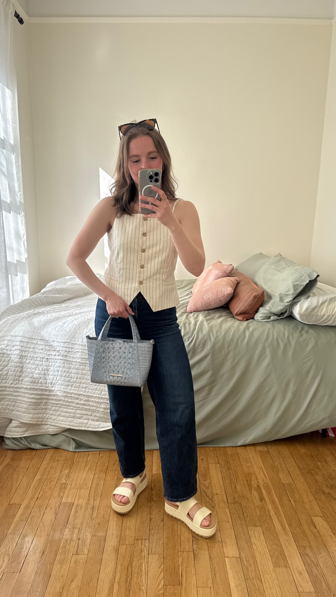 Easy spring outfit for women. Linen vest xs petite (I’m 5ft 2 34B Bra) don’t size up. Comes relaxed. Free shipping & on sale. Jeans are size 25 inseam 28

#LTKSaleAlert #LTKPetite