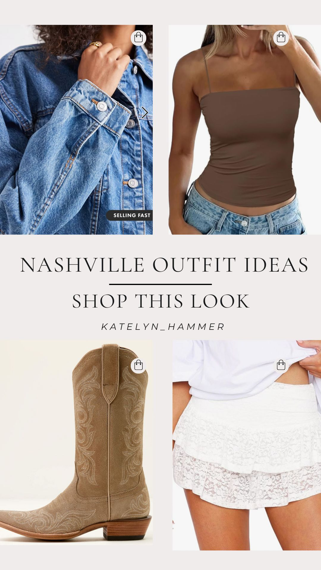 Nashville Outfit Inspo!
Whether you’re headed to Broadway, a country concert, or brunch with the girls, this combo is comfy and casual for a night out.

- Oversized denim jacket
- Double lined brown cami (Amazon)
- White lace mini skirt (Amazon)
- Cowgirl boots 

Shop this look at Katelyn_hammer

#LTKfashion #LTKoutfit #NashvilleStyle #Westernoutfit #OOTDinspo 

 #LTKSeasonal #LTKParties #LTKTravel